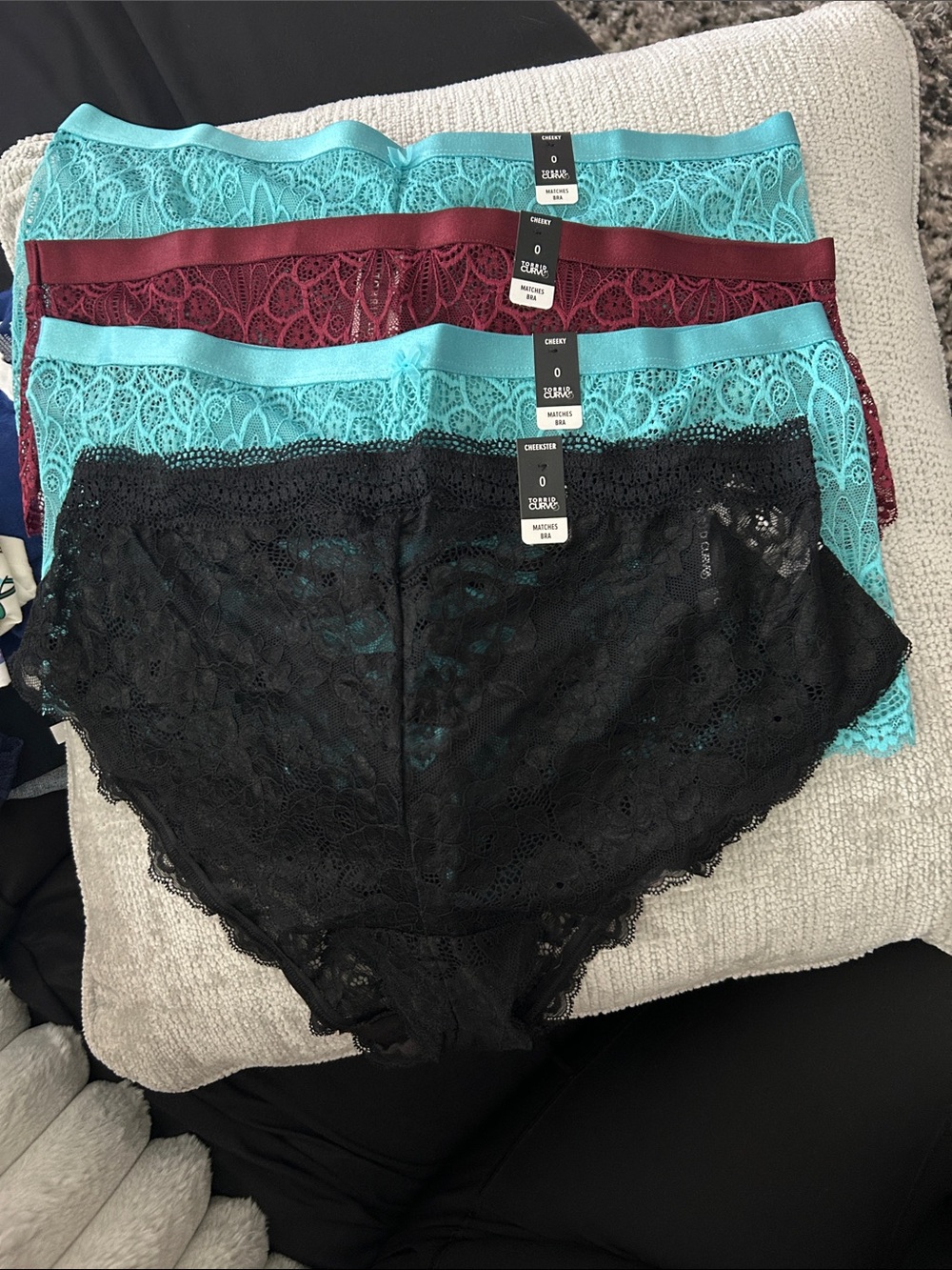 Torrid Lace cheeky Panties - Black, Teal & Wine 4 pair bundle lot